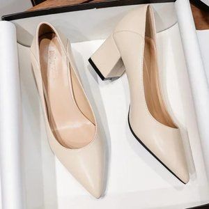 Polyhead thick heel soft leather noodles wear professional daily single shoes